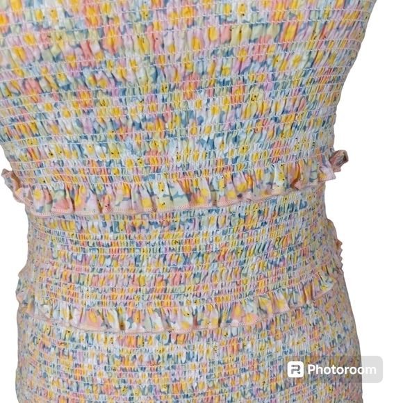 Mable Yellow Green Smocked Floral Tie Strap Mini Dress Size S NWOT - Picture 3 of 10